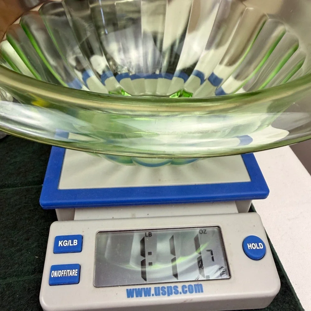 Hazel Atlas Green Uranium Glass Ribbed Footed Mixing Bowl Vtg Depression 9.5